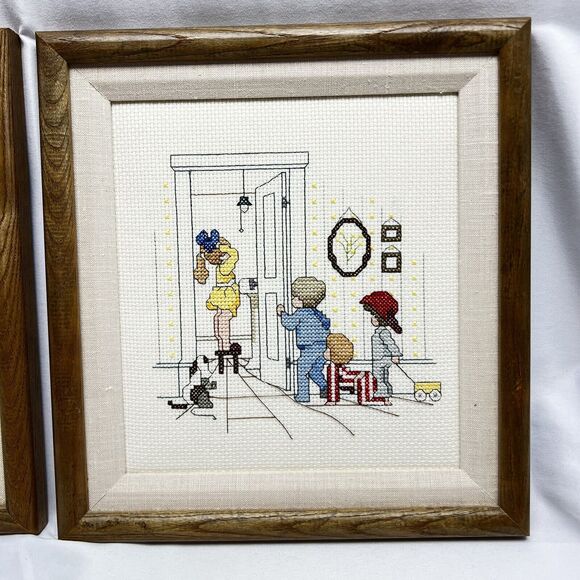 Vintage Framed Needlepoint Cross Stitch Crewel Kids In Bathroom Set of 2 11"x12" - Picture 6 of 11